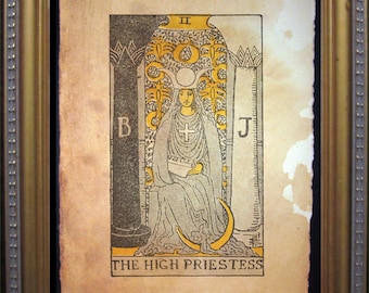 The High Priestess Tarot Card Vintage Art Print Tea Stained Paper card reader divination tool psychic  celestial deck witchcraft magick