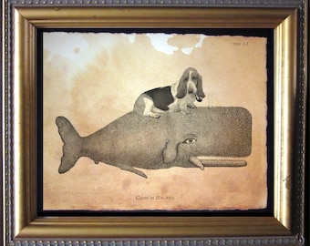 Basset Hound Dog Riding Whale Vintage Collage Print Tea Stain dog art gifts for dog mom gifts for dog christmas gifts for dog loss pet loss