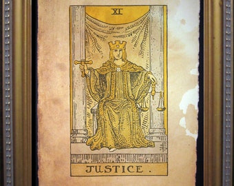 Justice Tarot Card Vintage Art Print Tea Stained Paper tarot card reader divination tool psychic  celestial deck witchcraft magick