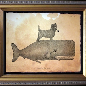 Cairn Terrier Dog Riding Whale Vintage Collage Print Tea Stained dog art dog gift for her home office art WFH art dog loss gift for dog mom image 1