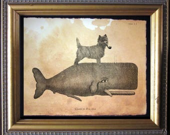 Cairn Terrier Dog Riding Whale Vintage Collage Print Tea Stained dog art dog gift for her home office art WFH art dog loss gift for dog mom