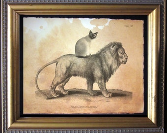 Siamese Cat Riding Lion Vintage Collage Print Tea Stained Paper cat art cat  for her cat novelty  for him siamese lover  for cat