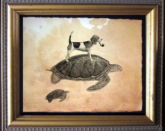 Beagle Dog Riding Sea Turtle  Vintage Collage Art Print on Tea Stained Paper   dog art  dog s      xmas  for momdog christmas gift