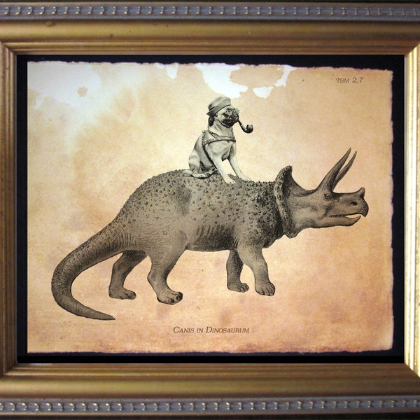 Pug Riding Triceratops Dinosaur Vintage Collage Print Tea Stain dog art gifts for dog mom dog christmas gifts for dog loss dog dad gifts