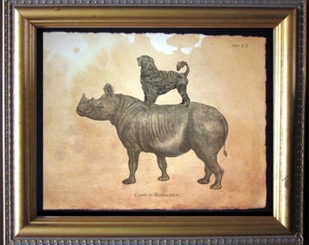 Portuguese Water Dog Riding Rhino Art Print, Vintage Style Dog Wall Decor
