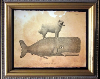 Great Pyrenees Riding Whale – Vintage Collage Art Print on Tea-Stained Cotton Rag Paper | Whimsical Dog Lover Gift