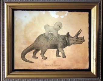 Bichon Frise Dinosaur Print, Whimsical Tea-Stained Dog Art
