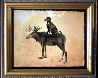 Chocolate Lab Art Print | Dog Riding Moose, Tea-Stained Vintage Art