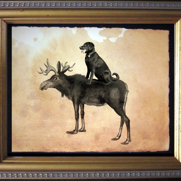 Labrador Retriever Chocolate Lab Riding Moose Vintage Collage Art Print on Tea Stained Paper dog art  dog s    xmas  for mom