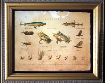 Vintage Fly Fishing Collage Art Print, Tea Stained Angling Illustration