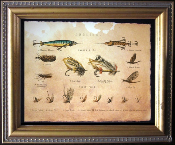 Angling Baits Fly Fishing Vintage Collage Print Tea Stained Paper