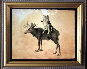 Collie Riding Moose  Vintage Collage Art Print on Tea Stained Paper   dog art  dog s        xmas  for momWFH office artdog christmas gift