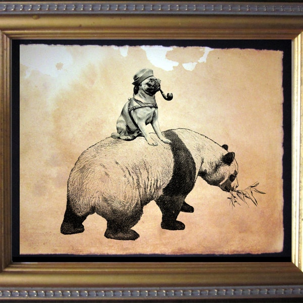 Pug Riding Panda Vintage Collage Art Print on Tea Stained Paper   dog art  dog s        xmas  for momWFH office artdog christmas gift