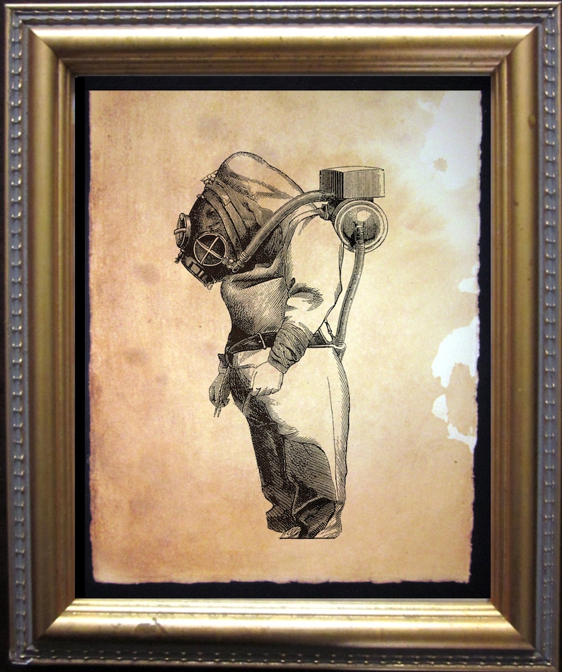 Vintage Style Deep Sea Diver Art Print, Tea Stained Nautical ...