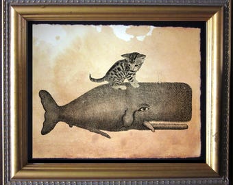 Kitten Riding Whale  Bengal Cat Riding Whale  Vintage Collage Art Print on Tea Stained Paper        xmas  for momWFH office art