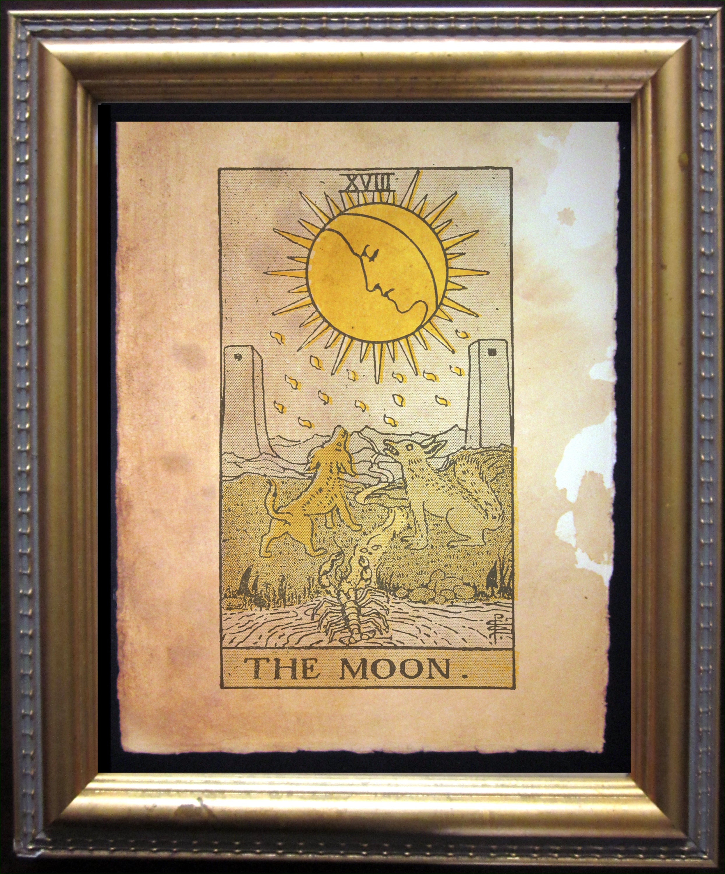 The Moon Tarot Card Vintage Art Print Tea Stained Paper Tarot Card