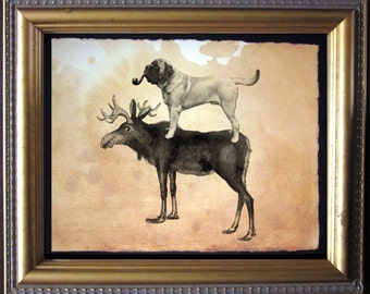 English Mastiff Dog Riding Moose  Vintage Collage Art Print on Tea Stained Paper   dog art  dog s      xmas  for momdog christmas gift