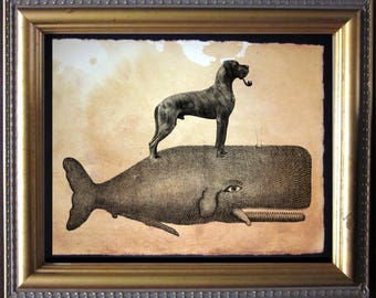Brindle Great Dane Riding Whale Vintage Collage Art Print Tea Stained dog art dog gift for her gift for home office art WFH art