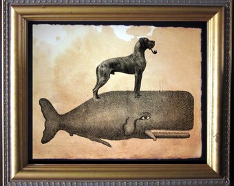 Brindle Great Dane Riding Whale Art Print, Tea Stained Vintage Collage
