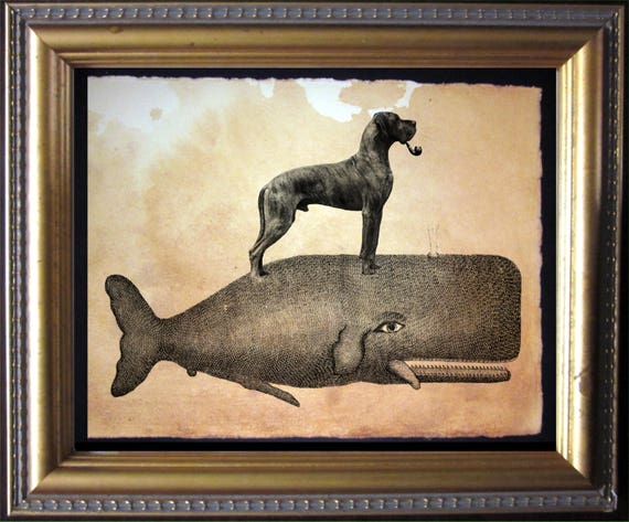 Brindle Great Dane Riding Whale Vintage Collage Art Print Tea Stained dog art dog gift for her gift for home office art WFH art