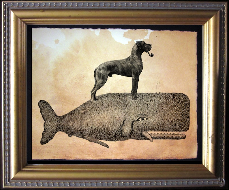 May include: A black and white illustration of a Great Dane dog standing on the back of a whale. The dog is wearing a pipe.