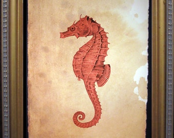 Red Seahorse Print  Vintage Style Nautical Seahorse Art Print  Seahorse on Tea Stained Paper dog art  dog s   WFH office art