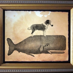 St. Bernard Dog Riding Whale  Vintage Collage Art Print on Tea Stained Paper   dog art  dog s      xmas  for momdog christmas gift