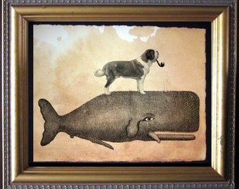 St. Bernard Dog Riding Whale  Vintage Collage Art Print on Tea Stained Paper   dog art  dog s      xmas  for momdog christmas gift