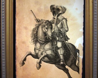 Puggle Knight on a Horse - Sir Puggle the Dragon Slayer - dog art Print - Vintage Collage Art Print on Tea Stained Paper -- graduation gift