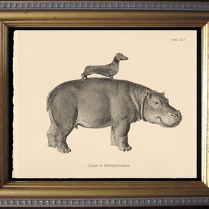 Dachshund Riding Lion – Vintage Cream Cotton Rag Paper Collage Print | Whimsical Dog Lover Gift