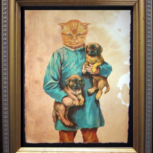 Lámina artística de collage vintage de gatos y carlinos sobre papel teñido con té.