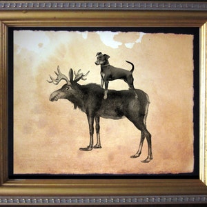 Miniature Pinscher Min Pin Riding Moose  Vintage Collage Art Print on Tea Stained Paper        xmas  for momWFH office artdog christmas gift