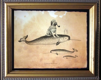 Pug Riding Narwhal Art Print, Vintage Style Dog Lover Gift