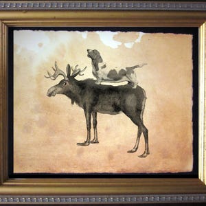 Brown and White Basset Hound Dog Riding Moose  Vintage Collage Art Print on Tea Stained Paper        xmas  for momWFH office art