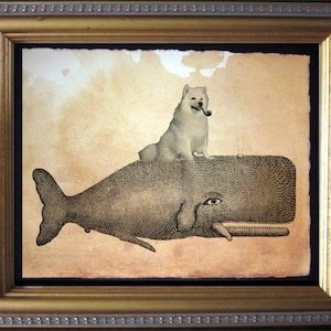 American Eskimo Dog Riding Whale Vintage Collage Print tea stain dog art dog gifts for christmas gifts for dog owners gifts for boyfriends