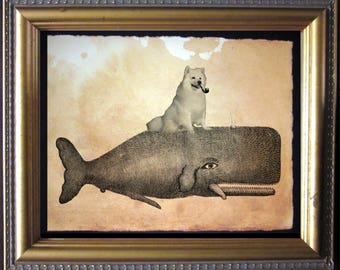 American Eskimo Dog Riding Whale Vintage Collage Print tea stain dog art dog gifts for christmas gifts for dog owners gifts for boyfriends