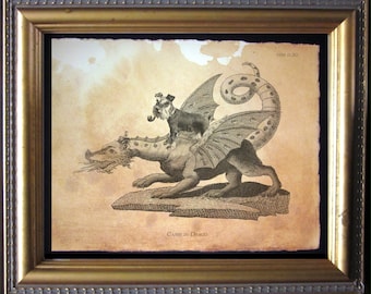 Mini Schnauzer Dog Riding Dragon – Vintage Collage Art Print on Tea-Stained Cotton Rag Paper | Whimsical Dog Wall Decor