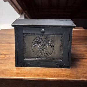 Handmade Rustic Breadbox: Black Distressed Tin, Wheat Design