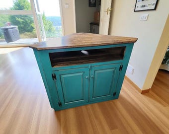 Primitive Corner TV Stand | Rustic Wooden Media Console Cabinet for Living Room