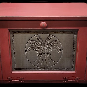 Handmade Rustic Bread Box: Cranberry Red, Punched Tin Wheat Design