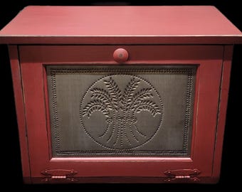 Rustic Bread Box with Punched Tin Wheat Design - Farmhouse Kitchen Storage Container