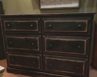 Distressed Black Farmhouse Dresser: Handmade Solid Wood 6-Drawer Chest