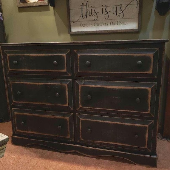 Distressed Black Farmhouse Dresser: Handmade Solid Wood 6-Drawer Chest