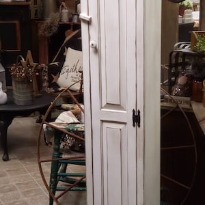 Rustic Tall Narrow Cabinet for Bathroom, Kitchen, Pantry Storage | Handmade White Distressed Farmhouse Cupboard Unit