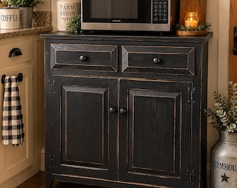 Rustic style microwave cabinet, handmade distressed black pine kitchen storage, farmhouse entryway cabinet