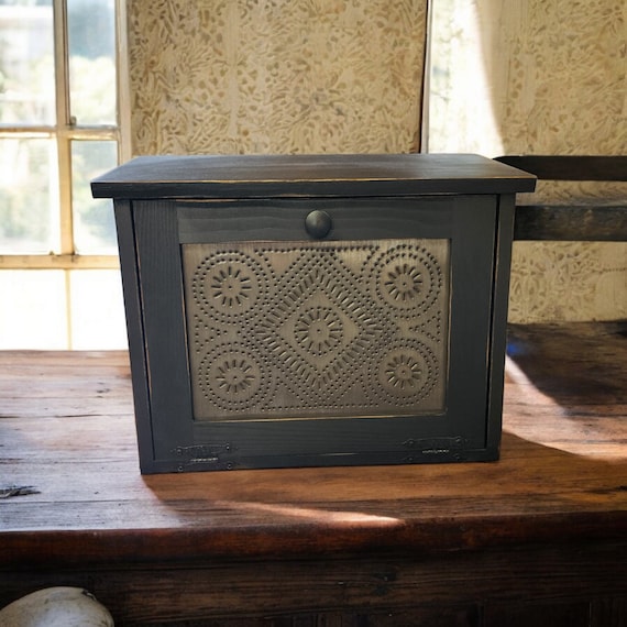 Rustic Black Distressed Wood Breadbox With Punched Tin Door