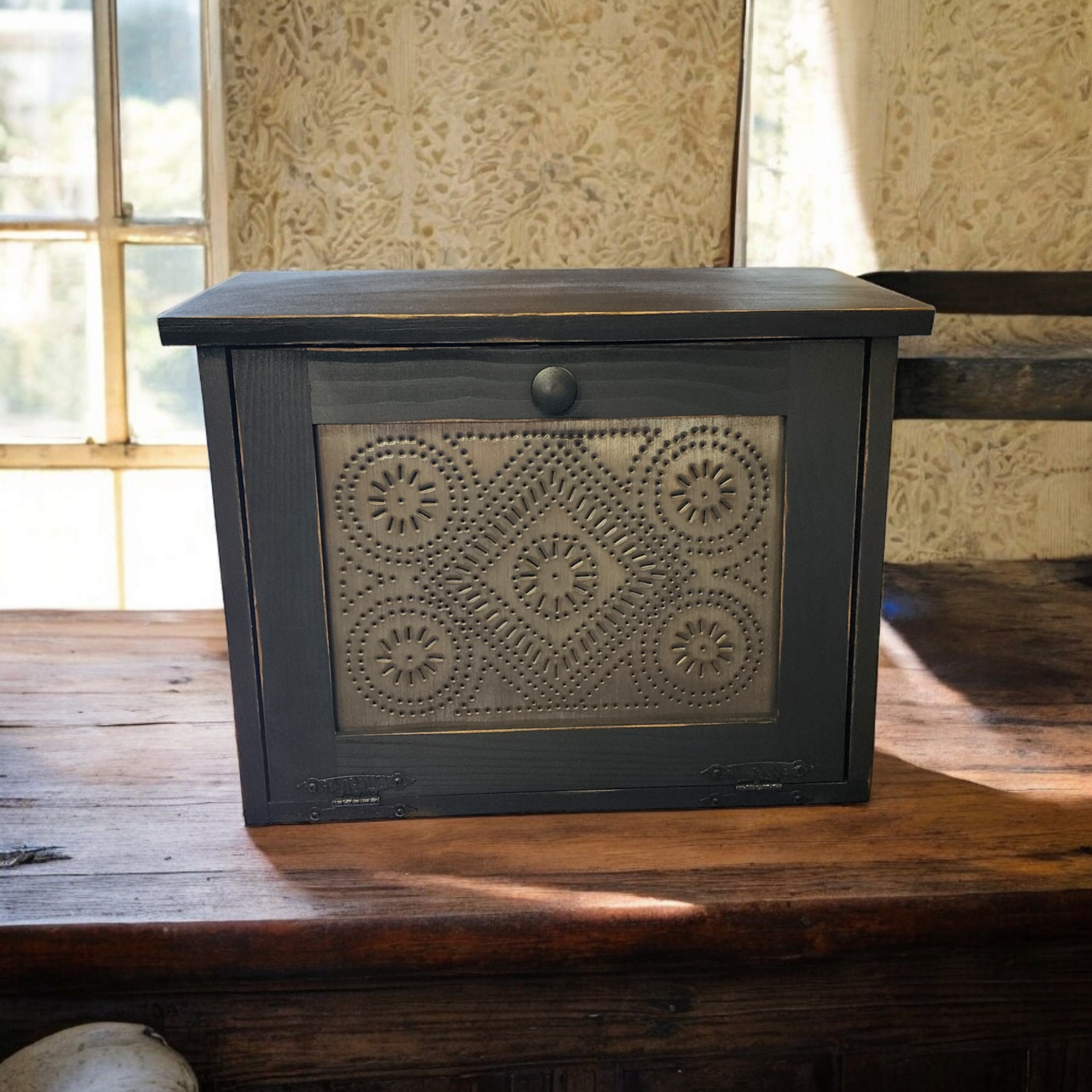 Rustic Black Distressed Wood Breadbox With Punched Tin Door