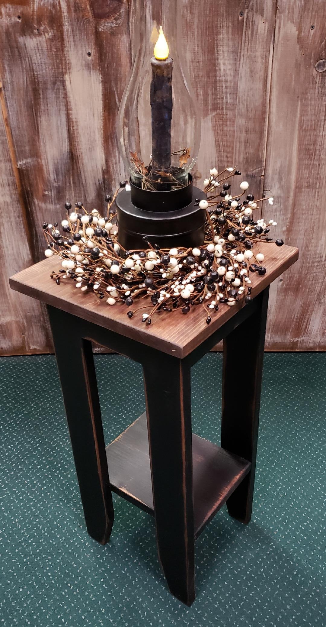 Rustic plant stand handmade distressed black farmhouse decor, wooden pedestal with dark walnut top