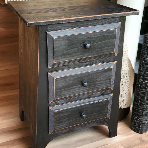 Rustic Night Stand with 3 Drawers, Handcrafted Bedside Table, Distressed Wood End Table