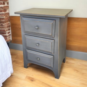 Distressed 3 Drawer Nightstand , Rustic Farmhouse Bedside Table , Handmade Wood Furniture